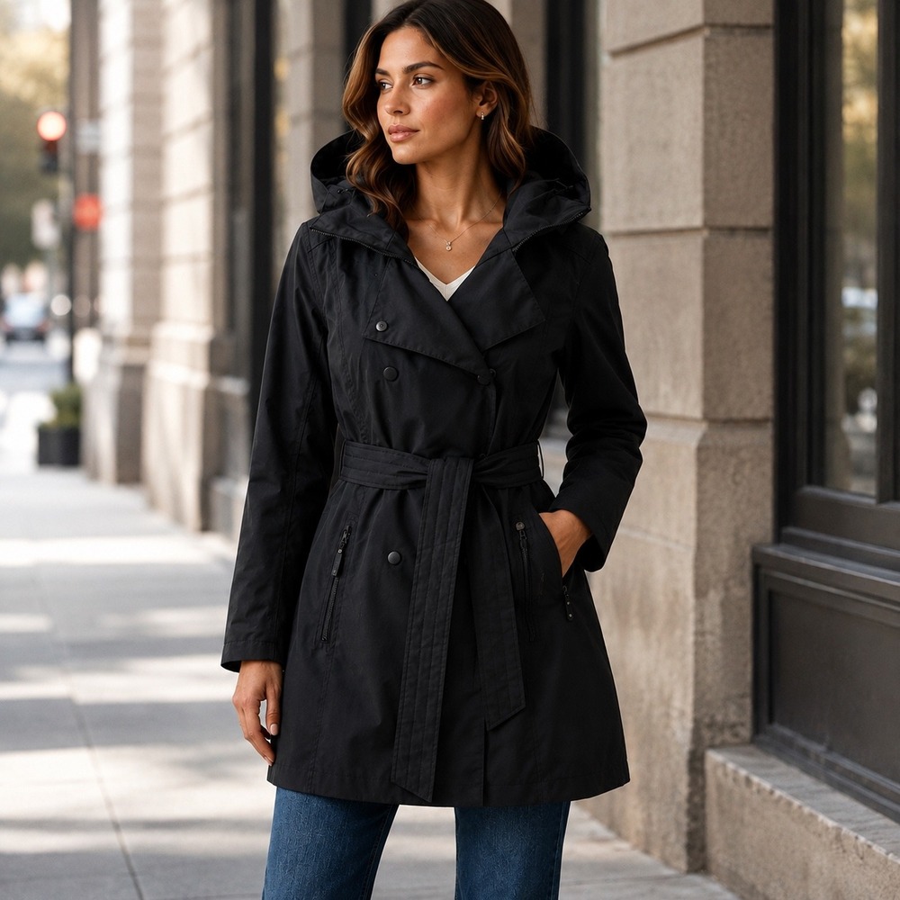 Helly Hansen Black Welsey II Trench Coat Rain Jacket Hooded Belted | Size L